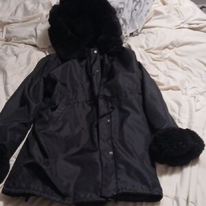 Black Fur-Trimmed Hooded Coat Draw String Waist Very Warm & Water Proof.